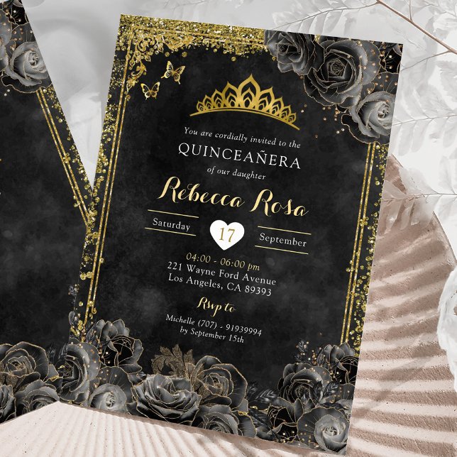 Royal Elegante Gold und Black Rose Quinceñera Einladung (Von Creator hochgeladen)