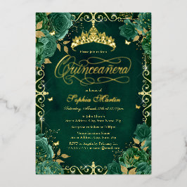Royal Emerald Gold Butterfly Rosen Quinceanera Folieneinladung