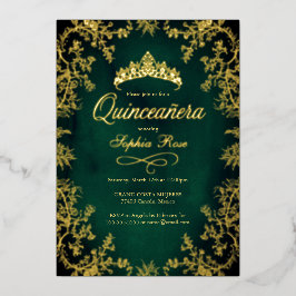 Royal Emerald Gold Crown Floral Quinceanera Folieneinladung