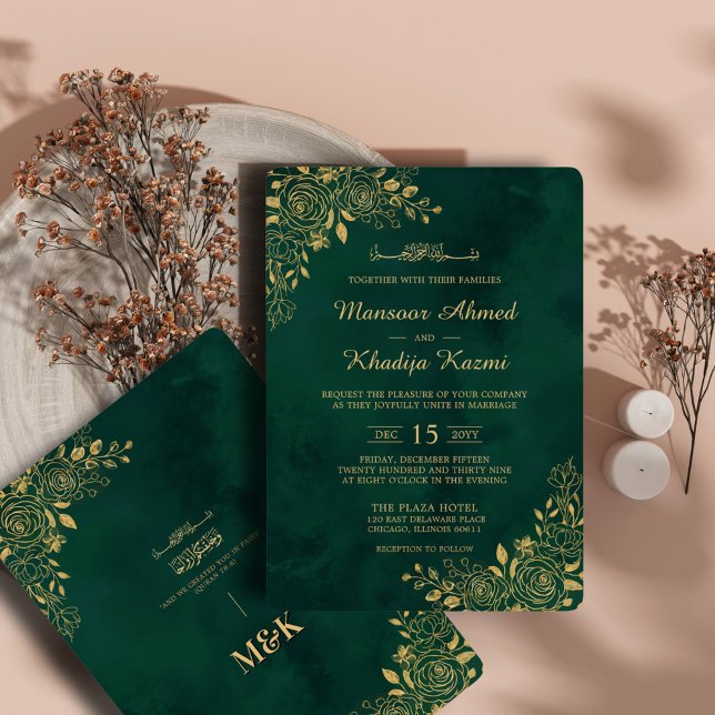 Royal Emerald Green Gold Floral Islamic Wedding Einladung (Von Creator hochgeladen)
