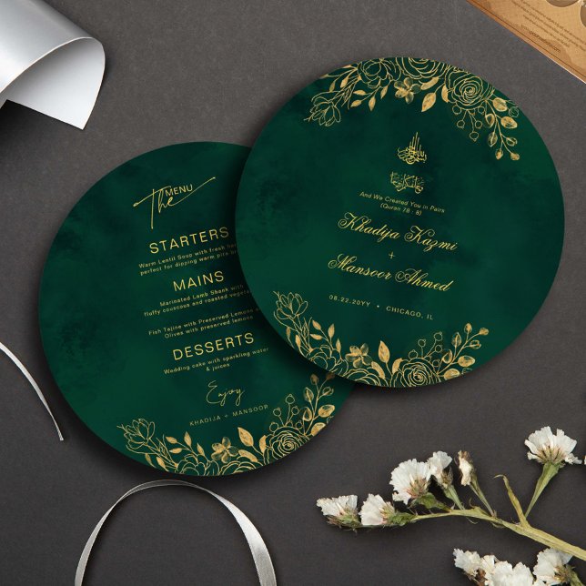 Royal Emerald Green Gold Floral Islamic Wedding Menükarte (Von Creator hochgeladen)