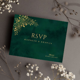 Royal Emerald Green Gold Floral Wedding RSVP Postkarte