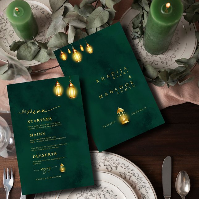Royal Emerald Green Golden Lights Wedding Menu (Von Creator hochgeladen)