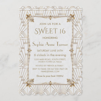 Royal Fleur-de-Lis Art Deco Gold Weißer SWEET 16 Einladung