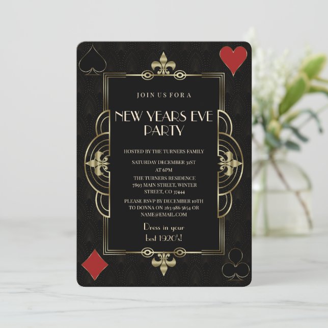 Royal Fleur-de-Lis Art Deco New Year Party Einladung (Stehend Vorderseite)
