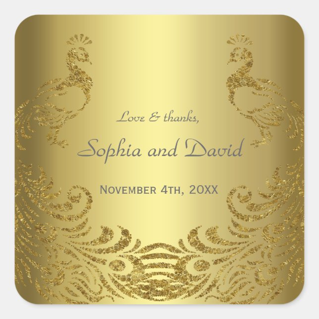 Royal Gold Abstrakt Peacock Wedding Quadratischer Aufkleber (Vorderseite)