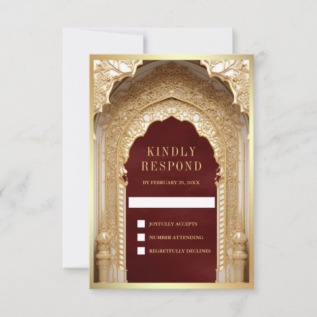Royal Gold Arch Maroon Wedding RSVP Karte (Vorderseite)