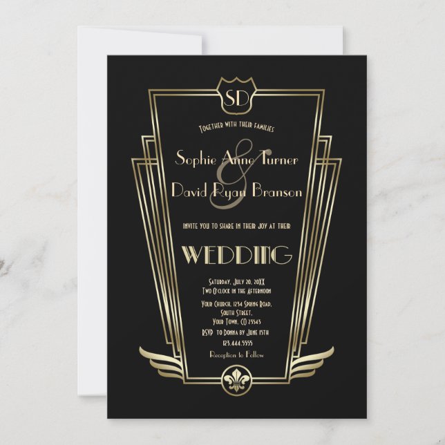 Royal Gold Art Deco Monogram Black Wedite Einladun Einladung (Vorderseite)