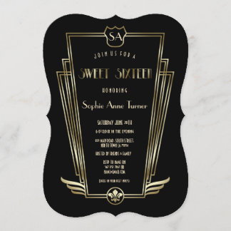 Royal Gold Art Deco Monogram SWEET 16 Einladung