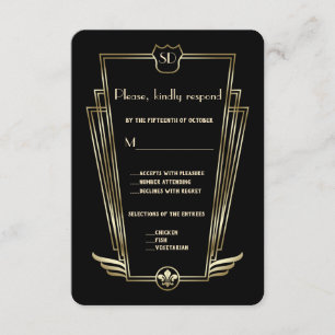 Royal Gold Art Deco Monogram Wedding RSVP Karte