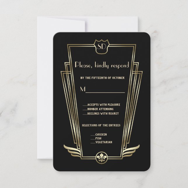 Royal Gold Art Deco Monogram Wedding RSVP Karte (Vorderseite)