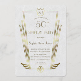 Royal Gold Art Deco Monogram White Birthday Party Einladung