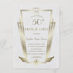 Royal Gold Art Deco Monogram White Birthday Party Einladung