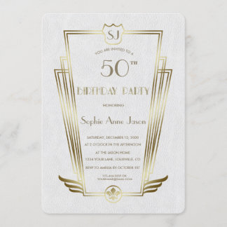 Royal Gold Art Deco Monogram White Birthday Party Einladung
