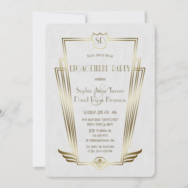 Royal Gold Art Deco Monogram White Verlobung Einladung (Vorderseite)