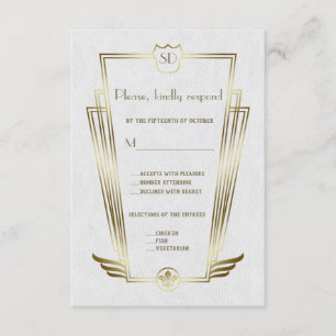 Royal Gold Art Deco Monogram White Wedding RSVP Karte