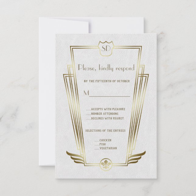 Royal Gold Art Deco Monogram White Wedding RSVP Karte (Vorderseite)