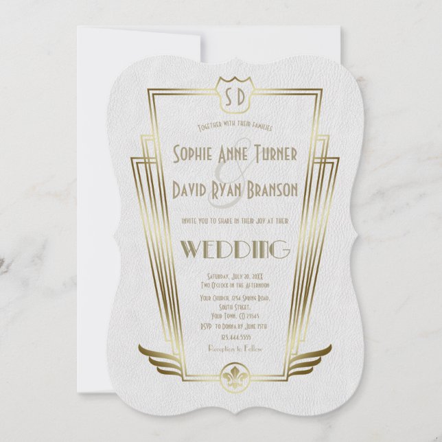 Royal Gold Art Deco Monogram White Wedite Einladun Einladung (Vorderseite)