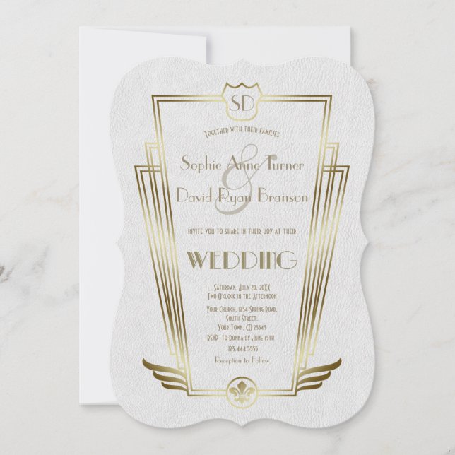 Royal Gold Art Deco Monogram White Wedite Einladun Einladung (Vorderseite)