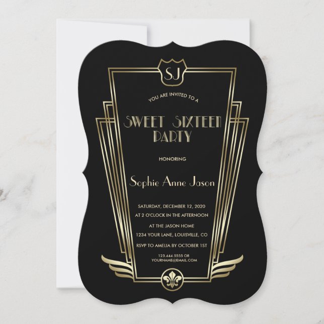 Royal Gold Black Art Deco Monogram Sweet 16 Einlad Einladung (Vorderseite)