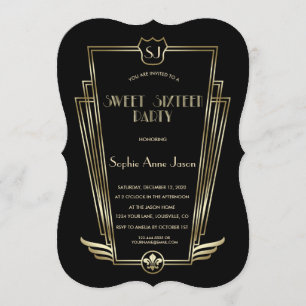 Royal Gold Black Art Deco Monogram Sweet 16 Einlad Einladung