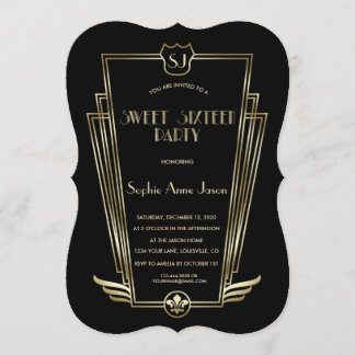 Royal Gold Black Art Deco Monogram Sweet 16 Einlad Einladung