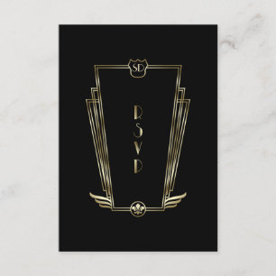 Royal Gold Black Art Deco Monogram Wedding RSVP Karte