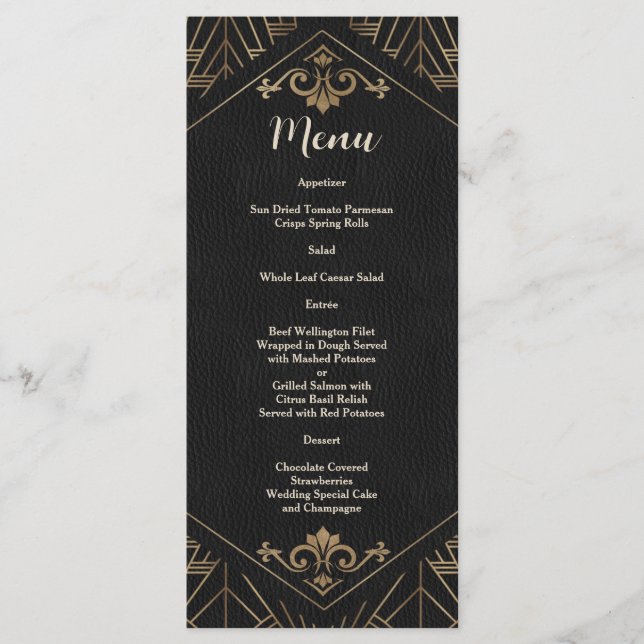 Royal Gold Black Great Gatsby 1920er Hochzeit Menükarte (Vorderseite)