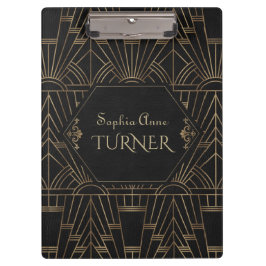 Royal Gold Black Great Gatsby 20s Style Monogram Klemmbrett