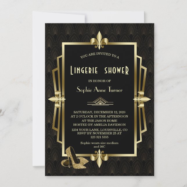 Royal Gold Black Great Gatsby Lingerie Dusche Einladung (Vorderseite)