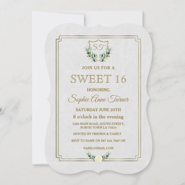 Royal Gold Crest Lush Greenery SWEET 16 Invitation (Devant)