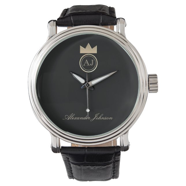 Royal Gold Crown Monogram , eleganter schwarzer Na Armbanduhr (Vorderseite)