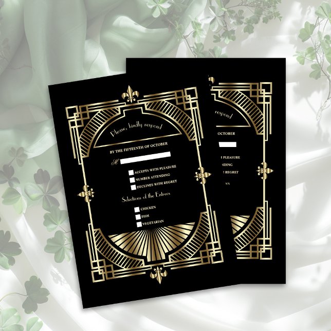 Royal Gold Fleur-de-lis Great Gatsby Wedding RSVP Karte (Von Creator hochgeladen)