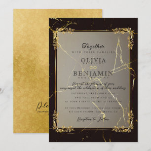 Royal Gold Frame Florales & Black Marbled Wedding Einladung