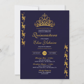 Royal Gold Tiara Crown Elegant Navy Quinceañera Einladung