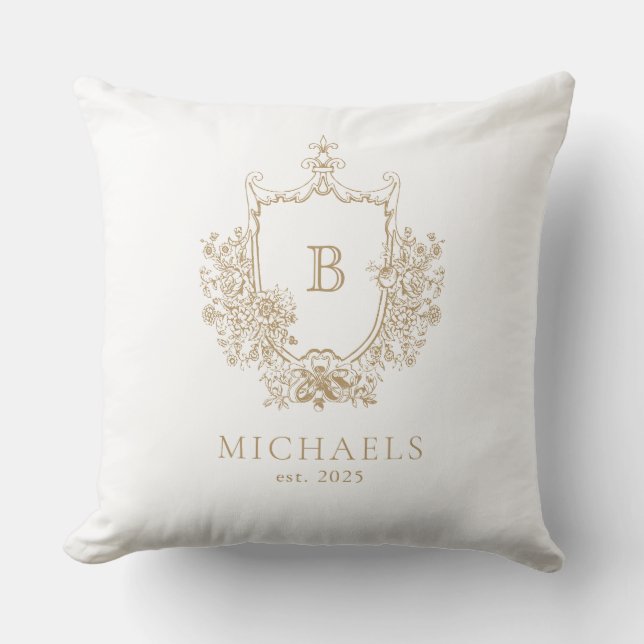 Royal Gold und White Monogram Wappen Throw Kissen (Vorderseite)