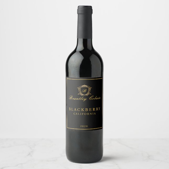Royal Gold Vintag Monogram Wine Black Label Weinetikett (Vorderseite)