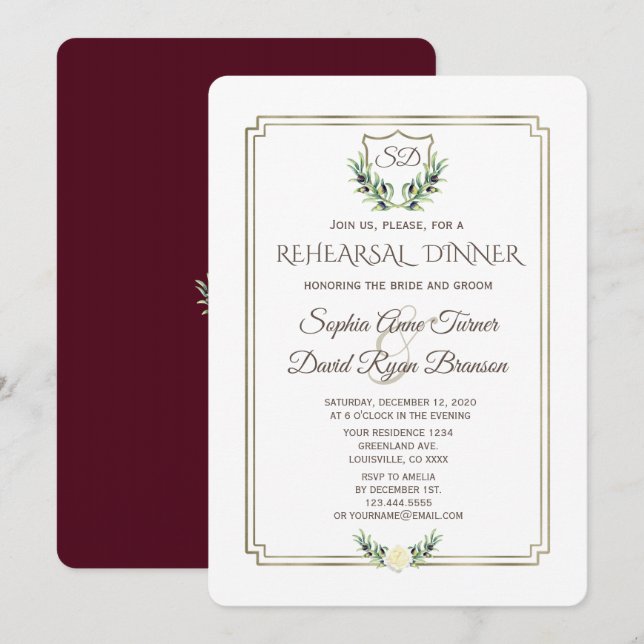 Royal Gold Wappen Laurel Wreath Probe Dinner Einladung (Vorne/Hinten)