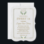 Royal Gold Wappen Lush Greenery SWEET 16 Einladung<br><div class="desc">Symbol für Eleganz,  Überfluss und Loftiness! Einzigartiges Kartendesign mit einem Goldfolien-Wappen aus Royal Imitaten,  einem zarten Rahmen,  Olivenzweigen mit weißer Blume auf weißem,  texturiertem Hintergrund. Verwenden Sie das Tool Anpassen,  um Ihre Informationen hinzuzufügen. Für passende Artikel besuchen Sie bitte meine Royal Gold Wappen Lush Greenery Wedding Collection.</div>