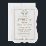 Royal Gold Wappen Lush Greenery SWEET 16 Einladung<br><div class="desc">Symbol für Eleganz,  Überfluss und Loftiness! Einzigartiges Kartendesign mit einem Goldfolien-Wappen aus Royal Imitaten,  einem zarten Rahmen,  Olivenzweigen mit weißer Blume auf weißem,  texturiertem Hintergrund. Verwenden Sie das Tool Anpassen,  um Ihre Informationen hinzuzufügen. Für passende Artikel besuchen Sie bitte meine Royal Gold Wappen Lush Greenery Wedding Collection.</div>