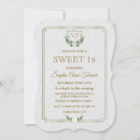 Royal Gold Wappen Lush Greenery SWEET 16 Einladung