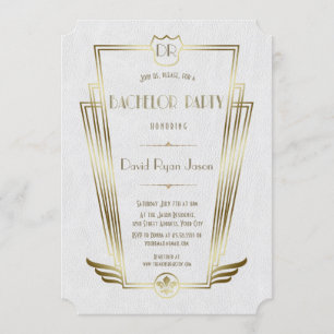 Royal Gold White Art Deco Monogram Junggesellenabs Einladung