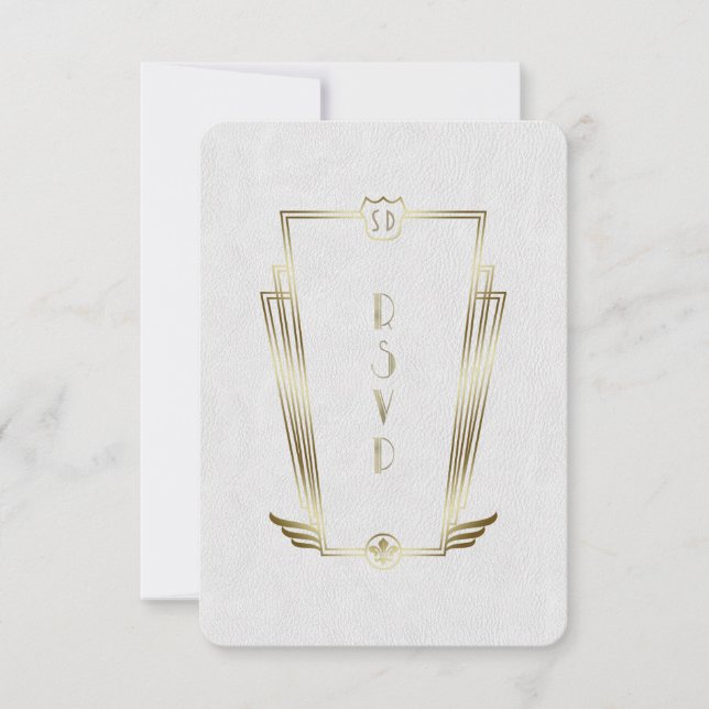 Royal Gold White Art Deco Monogram Wedding RSVP Karte (Vorderseite)