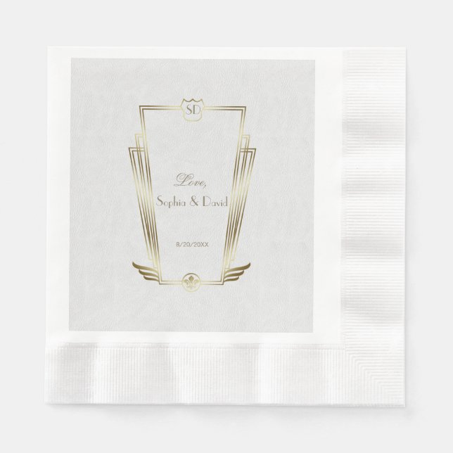 Royal Gold White Art Deco Monogram Wedding Serviette (Vorderseite)
