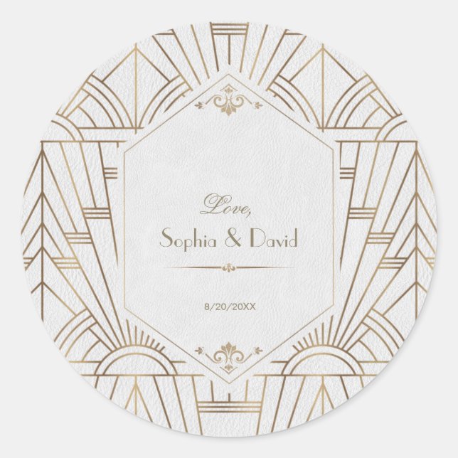 Royal Gold White Great Gatsby 1920er Hochzeit Runder Aufkleber (Vorderseite)