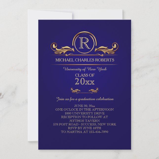 Royal Golden Monogram Blue Graduation Invitation (Devant)