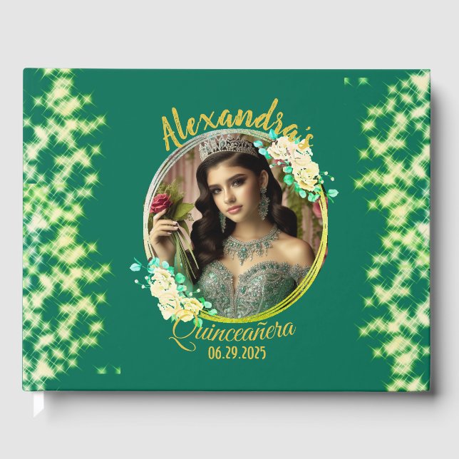 Royal Green Foto Boho Quinceañera Spanisch Gästebuch (Vorderseite)