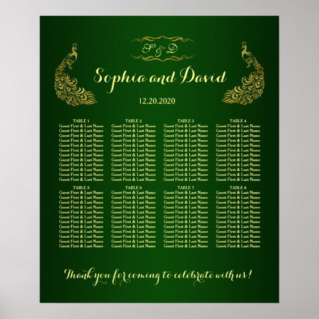 Royal Green Gold Peacock Wedding Chart Poster (Vorne)