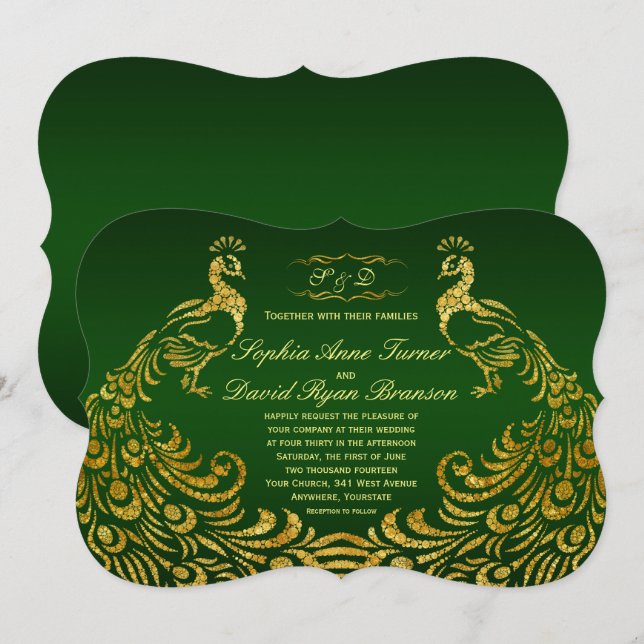 Royal Green Imitats Gold Peacock Wedding Einladung (Vorne/Hinten)