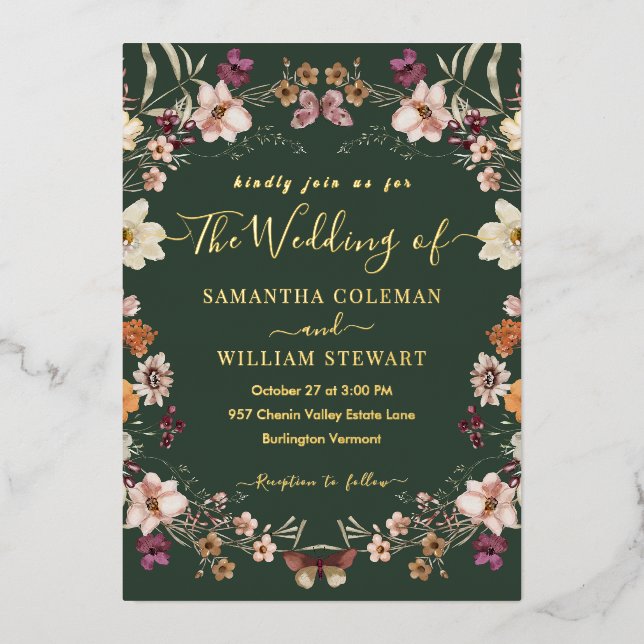 Royal Green Pastel Boho Wildblume Moderne Hochzeit Folieneinladung (Vorderseite)